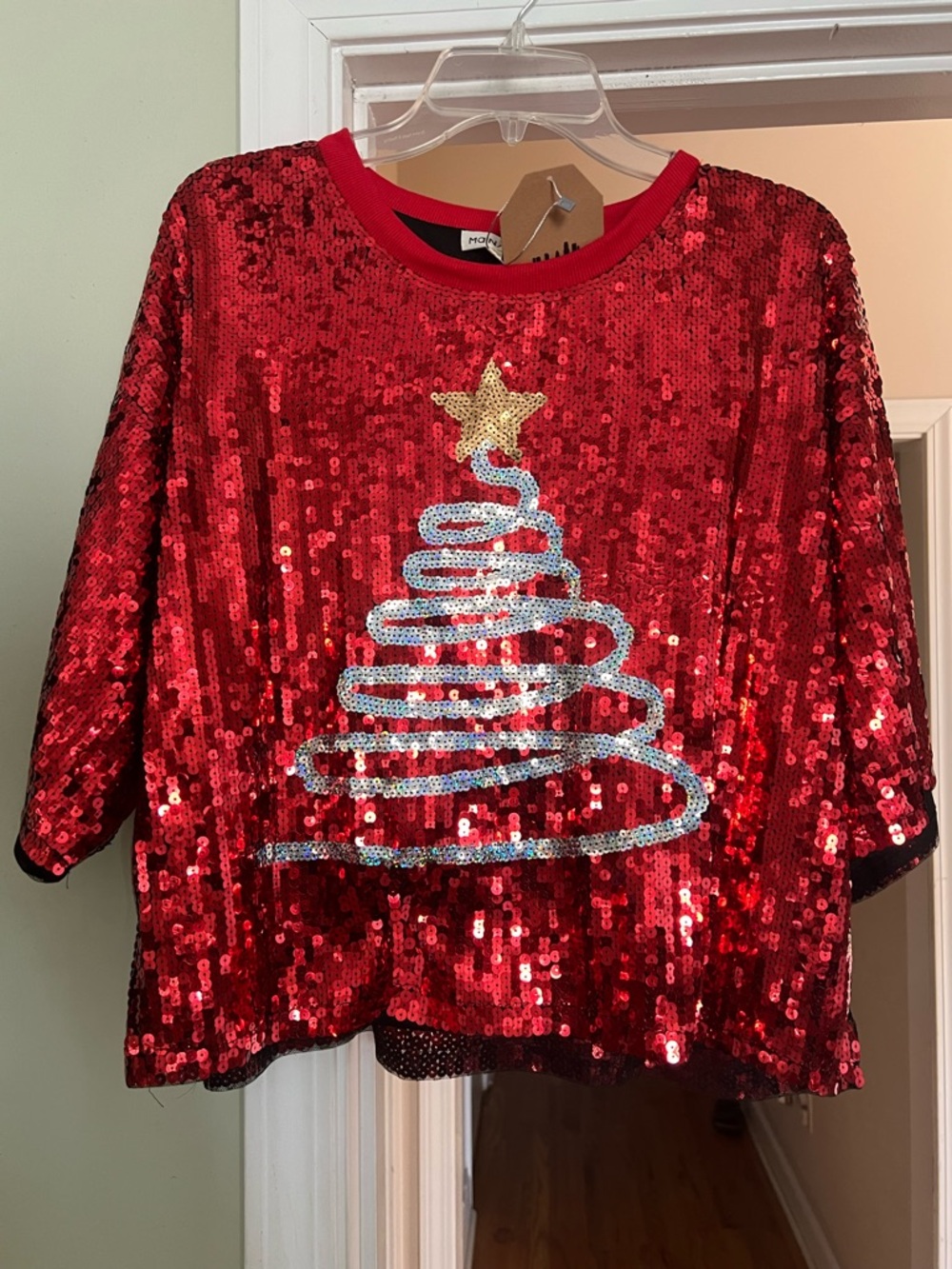Womens Red Sequin Holiday Tree Top
